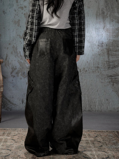 High-Waisted Patchwork Ripped Black Cargo Pants【s0000018585】