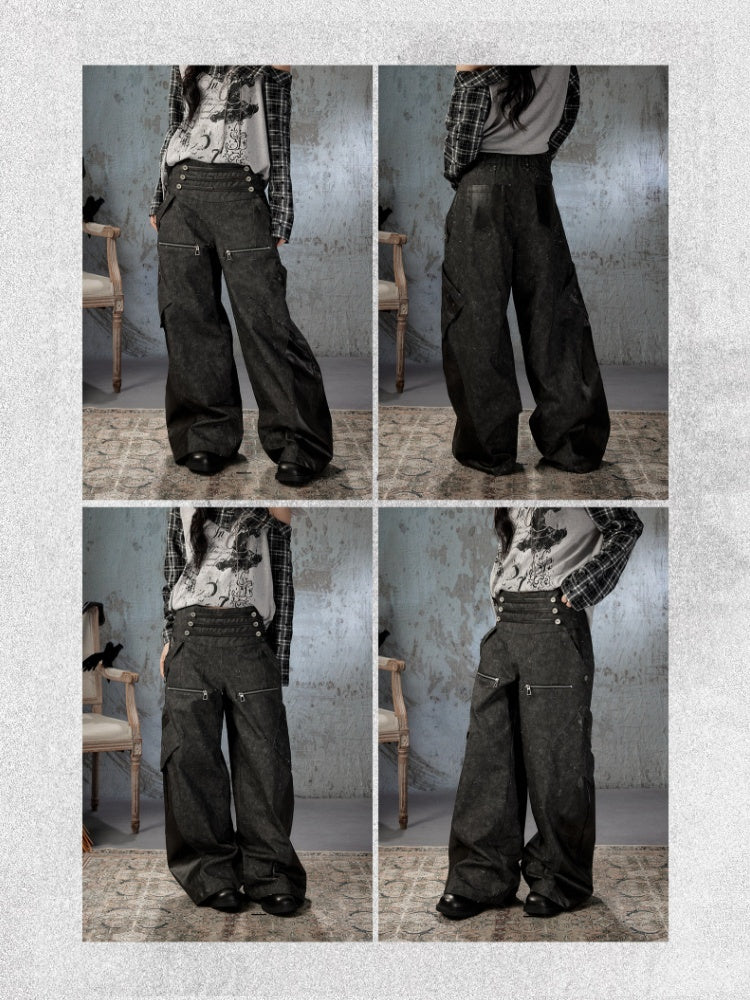 High-Waisted Patchwork Ripped Black Cargo Pants【s0000018585】