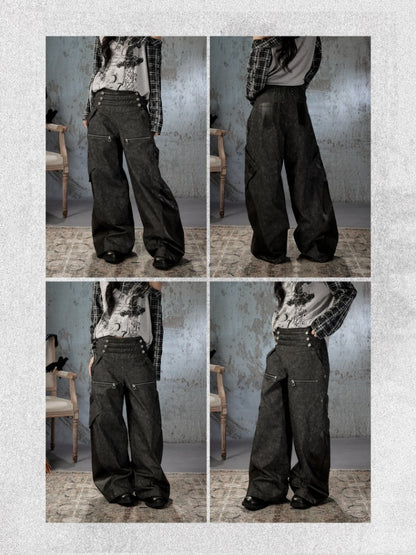 High-Waisted Patchwork Ripped Black Cargo Pants【s0000018585】