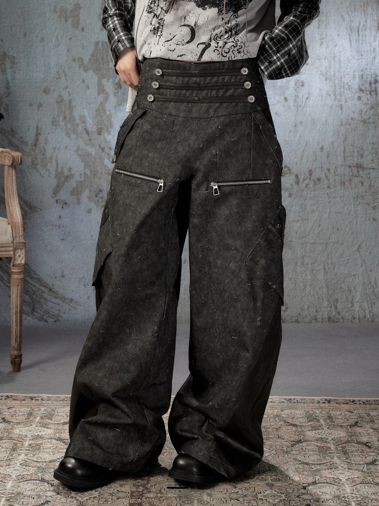 High-Waisted Patchwork Ripped Black Cargo Pants【s0000018585】