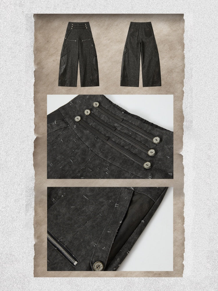 High-Waisted Patchwork Ripped Black Cargo Pants【s0000018585】