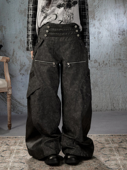 High-Waisted Patchwork Ripped Black Cargo Pants【s0000018585】