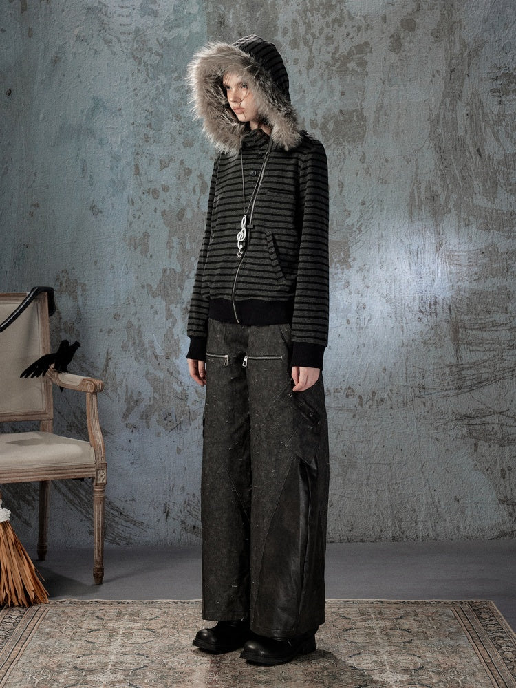 High-Waisted Patchwork Ripped Black Cargo Pants【s0000018585】