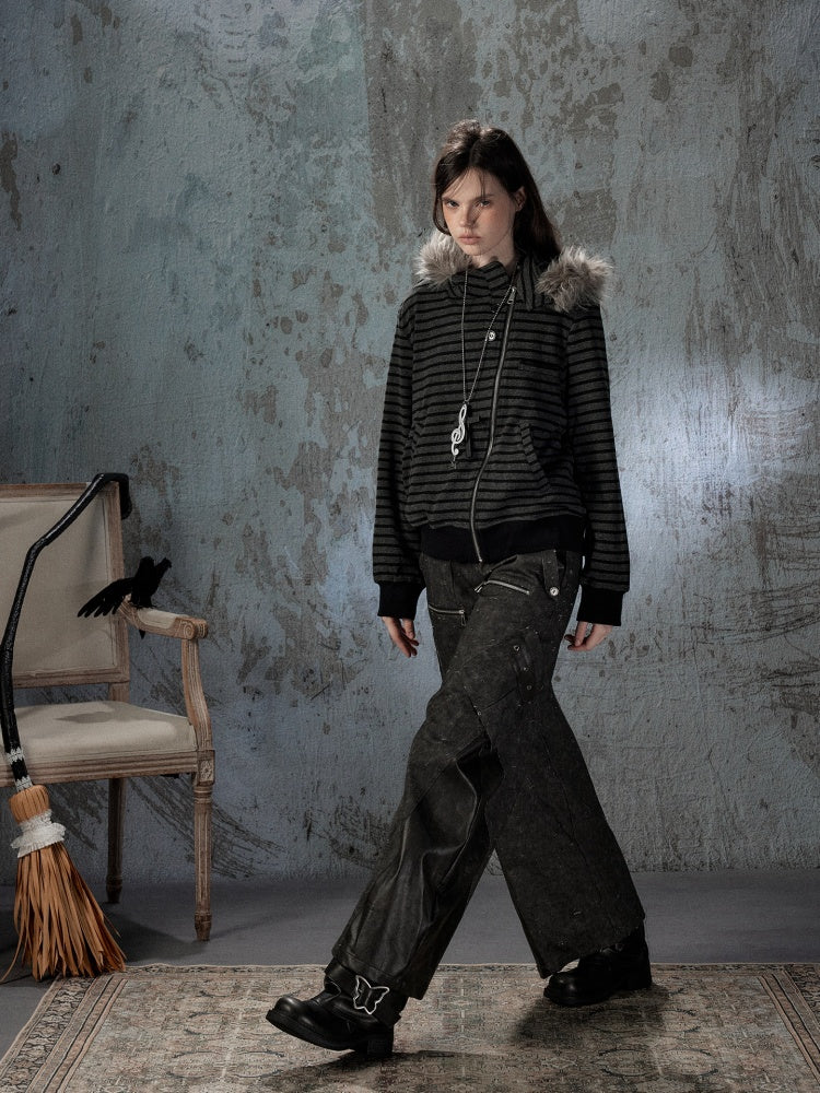 High-Waisted Patchwork Ripped Black Cargo Pants【s0000018585】