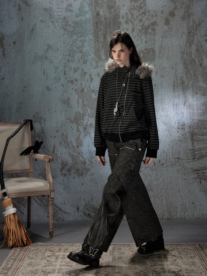 High-Waisted Patchwork Ripped Black Cargo Pants【s0000018585】