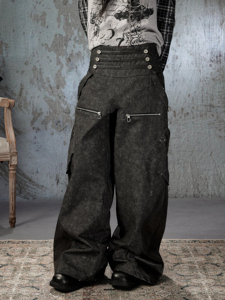 High-Waisted Patchwork Ripped Black Cargo Pants【s0000018585】