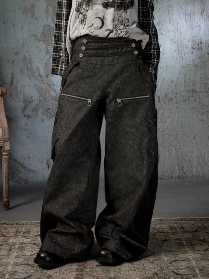 High-Waisted Patchwork Ripped Black Cargo Pants【s0000018585】