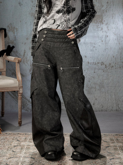 High-Waisted Patchwork Ripped Black Cargo Pants【s0000018585】
