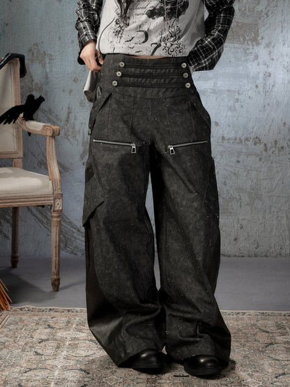 High-Waisted Patchwork Ripped Black Cargo Pants【s0000018585】