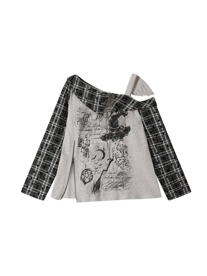 Asymmetrical Shoulder Fake Two-Piece Plaid Patchwork Wing-Strap Long-Sleeve T-Shirt【s0000018587】
