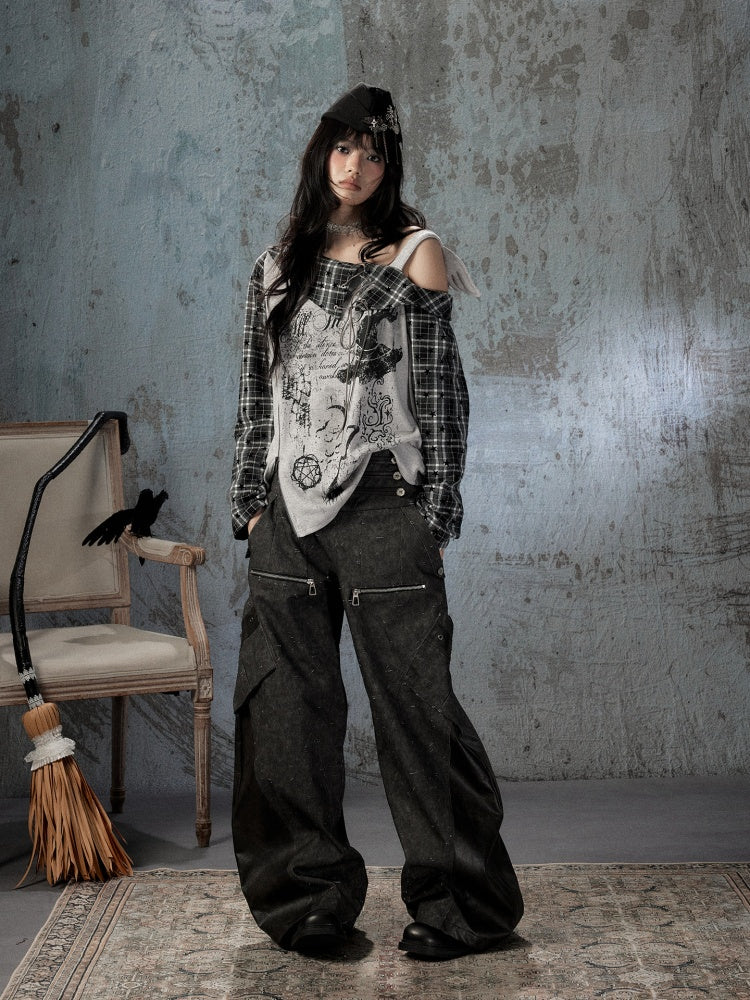 Asymmetrical Shoulder Fake Two-Piece Plaid Patchwork Wing-Strap Long-Sleeve T-Shirt【s0000018587】