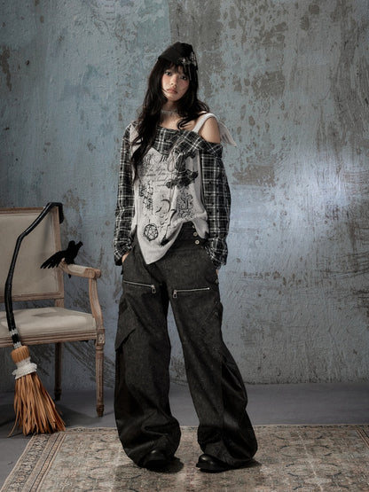 Asymmetrical Shoulder Fake Two-Piece Plaid Patchwork Wing-Strap Long-Sleeve T-Shirt【s0000018587】