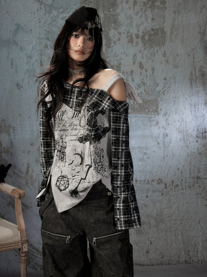 Asymmetrical Shoulder Fake Two-Piece Plaid Patchwork Wing-Strap Long-Sleeve T-Shirt【s0000018587】