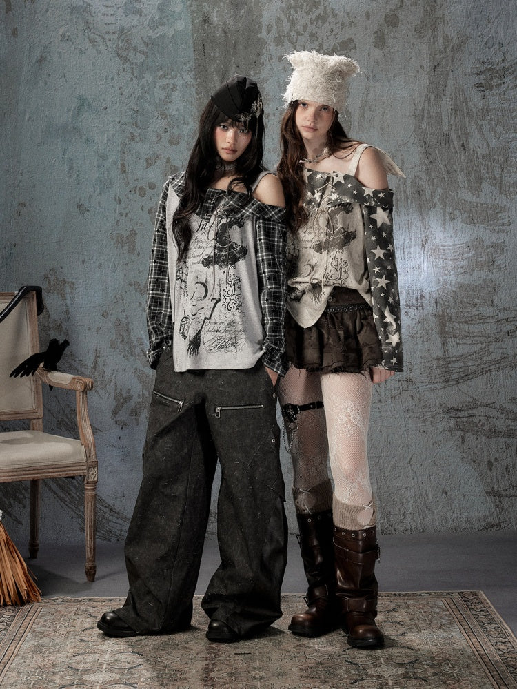 Asymmetrical Shoulder Fake Two-Piece Plaid Patchwork Wing-Strap Long-Sleeve T-Shirt【s0000018587】