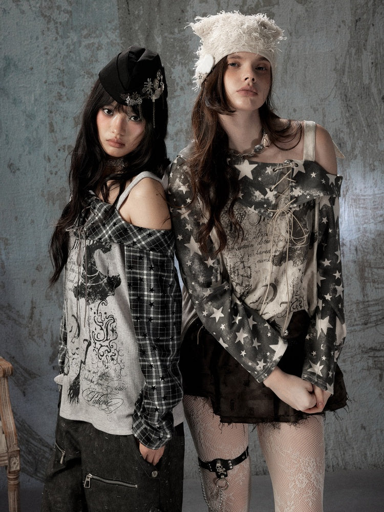 Asymmetrical Shoulder Fake Two-Piece Plaid Patchwork Wing-Strap Long-Sleeve T-Shirt【s0000018587】