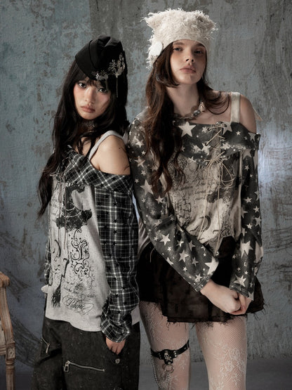 Asymmetrical Shoulder Fake Two-Piece Plaid Patchwork Wing-Strap Long-Sleeve T-Shirt【s0000018587】