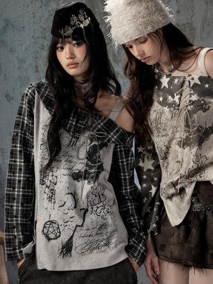 Asymmetrical Shoulder Fake Two-Piece Plaid Patchwork Wing-Strap Long-Sleeve T-Shirt【s0000018587】
