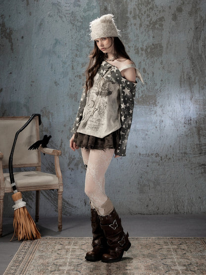 Asymmetrical Shoulder Fake Two-Piece Plaid Patchwork Wing-Strap Long-Sleeve T-Shirt【s0000018587】