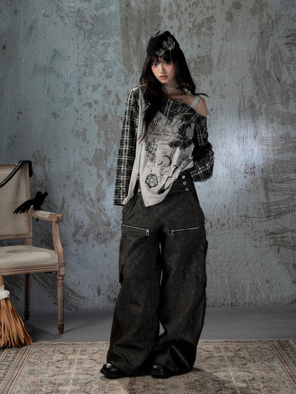 Asymmetrical Shoulder Fake Two-Piece Plaid Patchwork Wing-Strap Long-Sleeve T-Shirt【s0000018587】