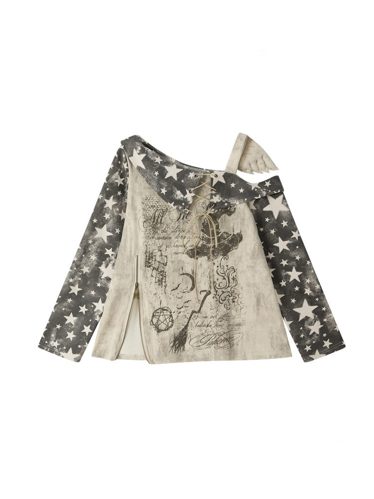Asymmetrical Shoulder Fake Two-Piece Plaid Patchwork Wing-Strap Long-Sleeve T-Shirt【s0000018587】