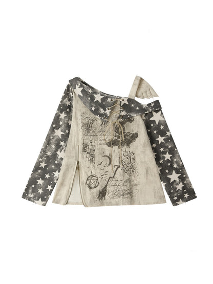 Asymmetrical Shoulder Fake Two-Piece Plaid Patchwork Wing-Strap Long-Sleeve T-Shirt【s0000018587】