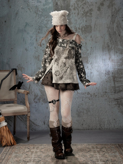 Asymmetrical Shoulder Fake Two-Piece Plaid Patchwork Wing-Strap Long-Sleeve T-Shirt【s0000018587】