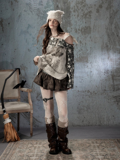 Asymmetrical Shoulder Fake Two-Piece Plaid Patchwork Wing-Strap Long-Sleeve T-Shirt【s0000018587】