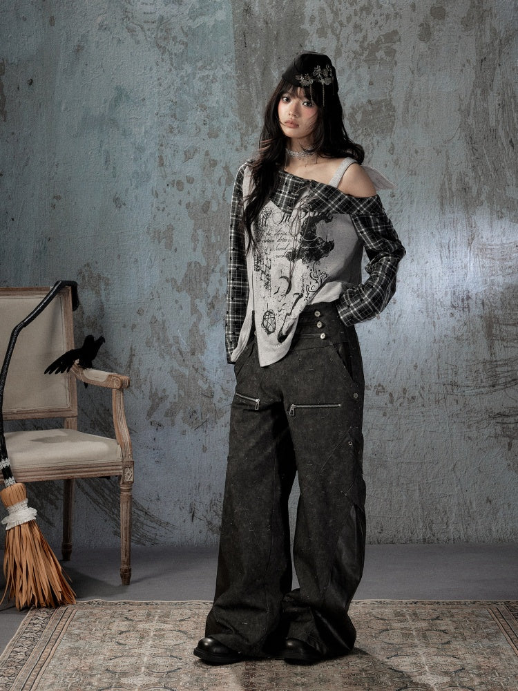 Asymmetrical Shoulder Fake Two-Piece Plaid Patchwork Wing-Strap Long-Sleeve T-Shirt【s0000018587】