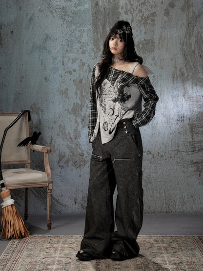 Asymmetrical Shoulder Fake Two-Piece Plaid Patchwork Wing-Strap Long-Sleeve T-Shirt【s0000018587】