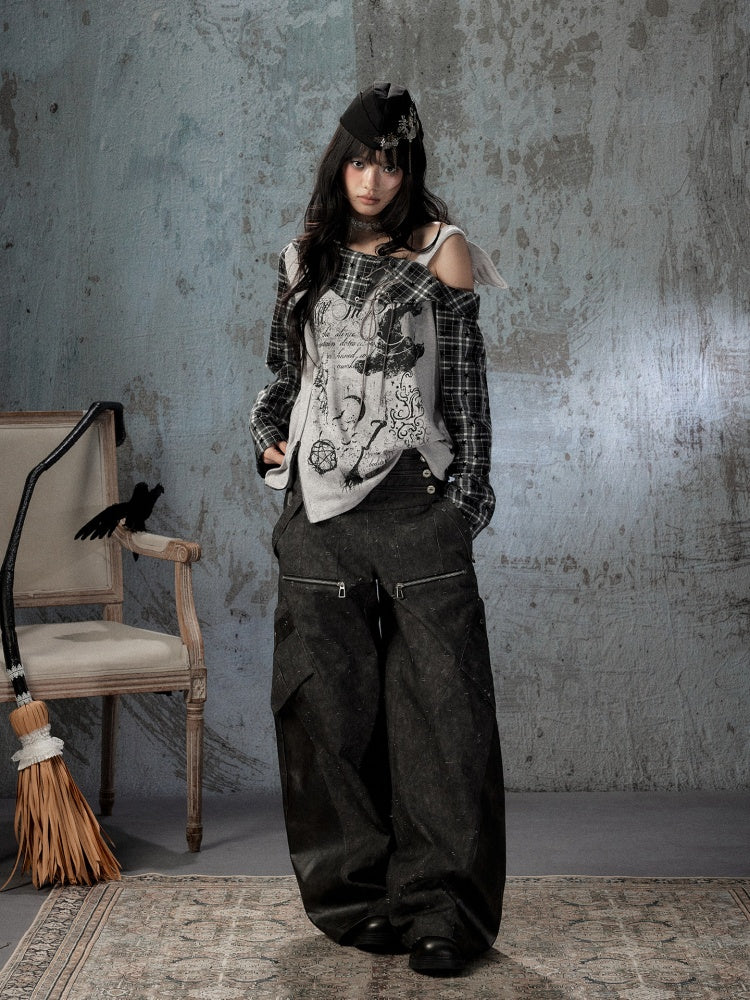 Asymmetrical Shoulder Fake Two-Piece Plaid Patchwork Wing-Strap Long-Sleeve T-Shirt【s0000018587】