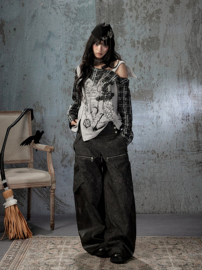 Asymmetrical Shoulder Fake Two-Piece Plaid Patchwork Wing-Strap Long-Sleeve T-Shirt【s0000018587】