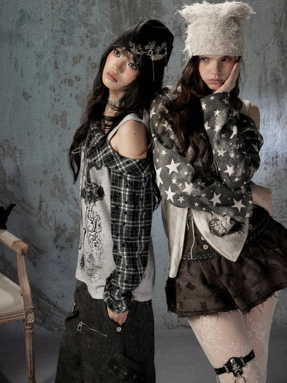Asymmetrical Shoulder Fake Two-Piece Plaid Patchwork Wing-Strap Long-Sleeve T-Shirt【s0000018587】