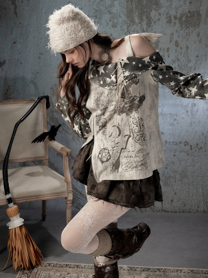 Asymmetrical Shoulder Fake Two-Piece Plaid Patchwork Wing-Strap Long-Sleeve T-Shirt【s0000018587】