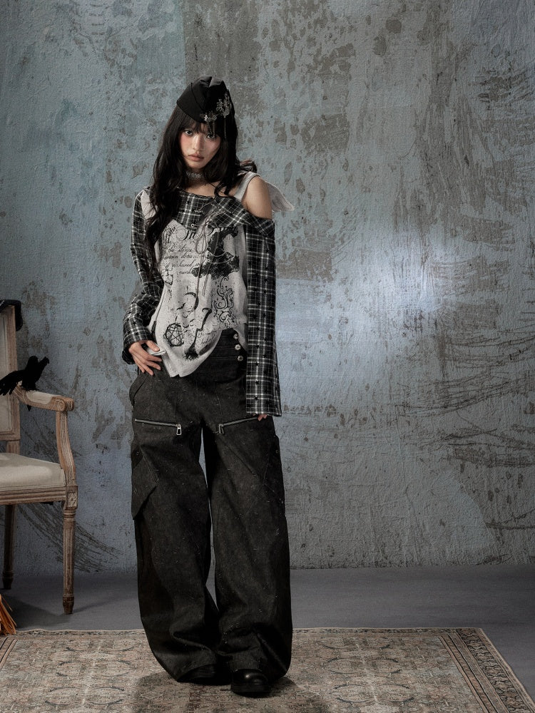 Asymmetrical Shoulder Fake Two-Piece Plaid Patchwork Wing-Strap Long-Sleeve T-Shirt【s0000018587】