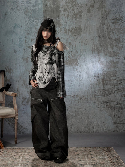 Asymmetrical Shoulder Fake Two-Piece Plaid Patchwork Wing-Strap Long-Sleeve T-Shirt【s0000018587】