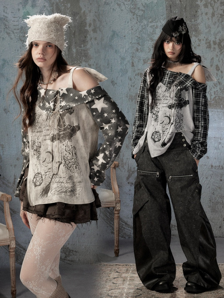 Asymmetrical Shoulder Fake Two-Piece Plaid Patchwork Wing-Strap Long-Sleeve T-Shirt【s0000018587】