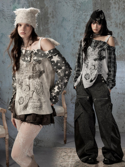 Asymmetrical Shoulder Fake Two-Piece Plaid Patchwork Wing-Strap Long-Sleeve T-Shirt【s0000018587】