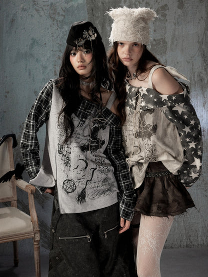 Asymmetrical Shoulder Fake Two-Piece Plaid Patchwork Wing-Strap Long-Sleeve T-Shirt【s0000018587】