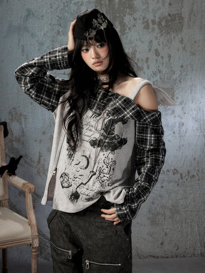Asymmetrical Shoulder Fake Two-Piece Plaid Patchwork Wing-Strap Long-Sleeve T-Shirt【s0000018587】