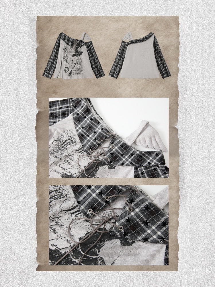 Asymmetrical Shoulder Fake Two-Piece Plaid Patchwork Wing-Strap Long-Sleeve T-Shirt【s0000018587】