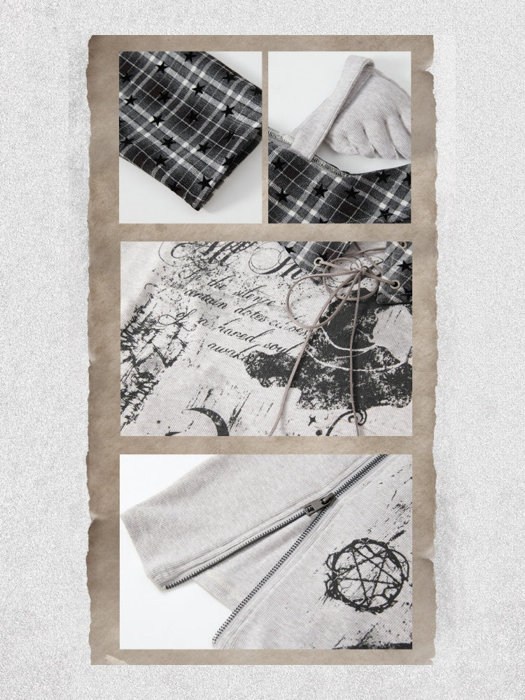 Asymmetrical Shoulder Fake Two-Piece Plaid Patchwork Wing-Strap Long-Sleeve T-Shirt【s0000018587】