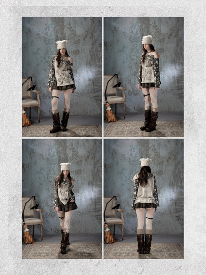 Asymmetrical Shoulder Fake Two-Piece Plaid Patchwork Wing-Strap Long-Sleeve T-Shirt【s0000018587】