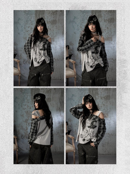 Asymmetrical Shoulder Fake Two-Piece Plaid Patchwork Wing-Strap Long-Sleeve T-Shirt【s0000018587】