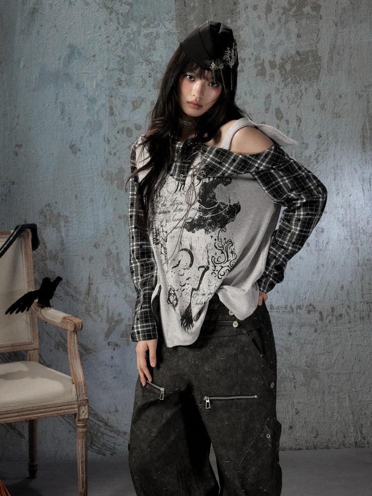 Asymmetrical Shoulder Fake Two-Piece Plaid Patchwork Wing-Strap Long-Sleeve T-Shirt【s0000018587】