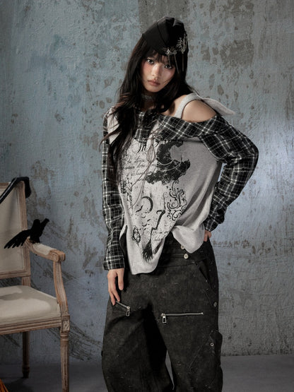 Asymmetrical Shoulder Fake Two-Piece Plaid Patchwork Wing-Strap Long-Sleeve T-Shirt【s0000018587】