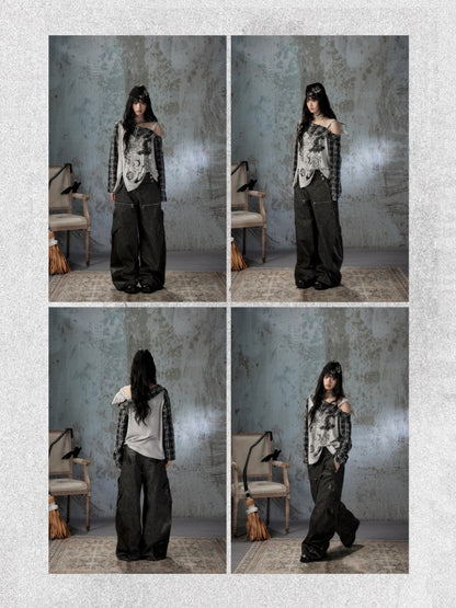 Asymmetrical Shoulder Fake Two-Piece Plaid Patchwork Wing-Strap Long-Sleeve T-Shirt【s0000018587】