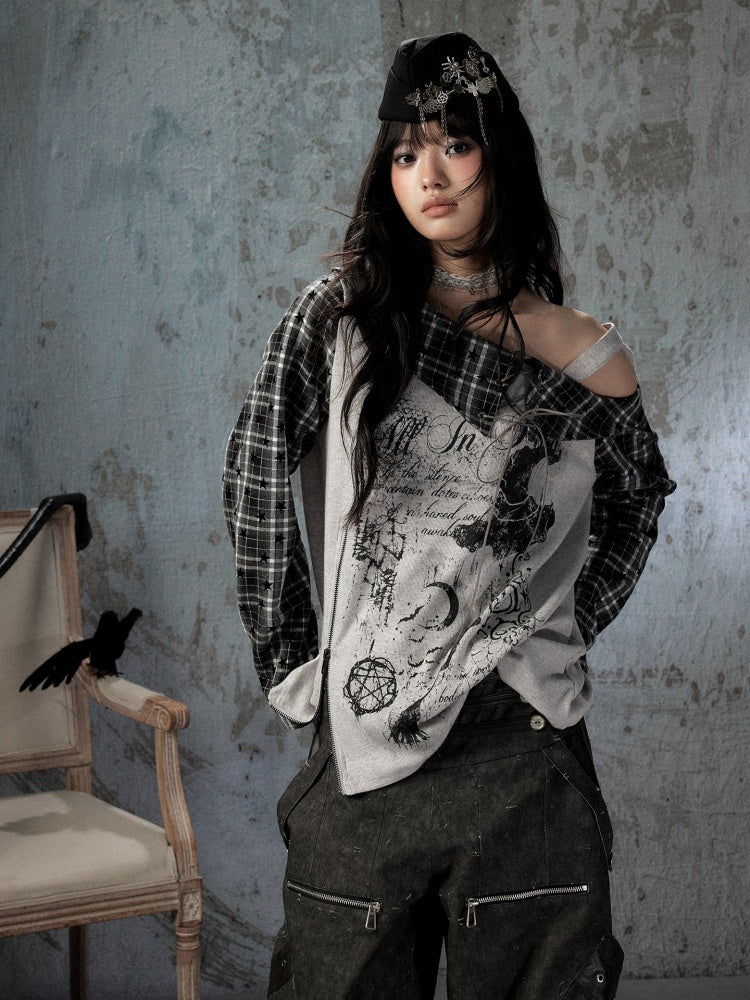 Asymmetrical Shoulder Fake Two-Piece Plaid Patchwork Wing-Strap Long-Sleeve T-Shirt【s0000018587】