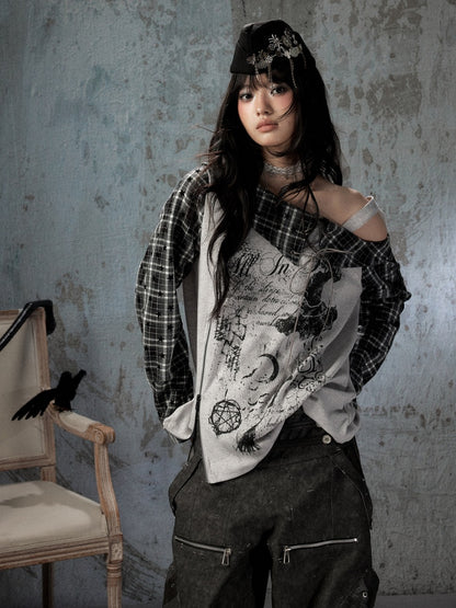 Asymmetrical Shoulder Fake Two-Piece Plaid Patchwork Wing-Strap Long-Sleeve T-Shirt【s0000018587】