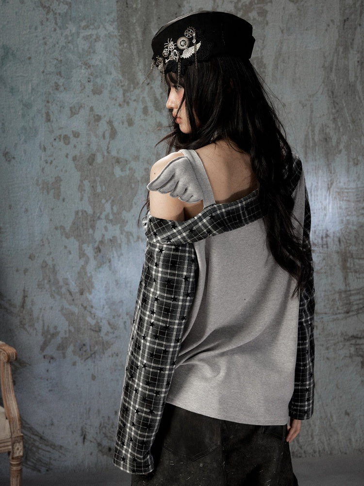 Asymmetrical Shoulder Fake Two-Piece Plaid Patchwork Wing-Strap Long-Sleeve T-Shirt【s0000018587】