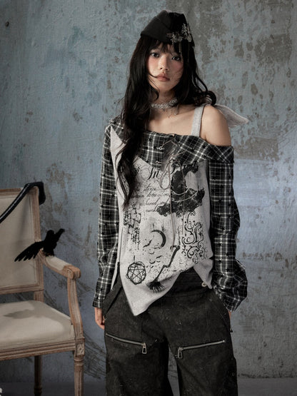 Asymmetrical Shoulder Fake Two-Piece Plaid Patchwork Wing-Strap Long-Sleeve T-Shirt【s0000018587】
